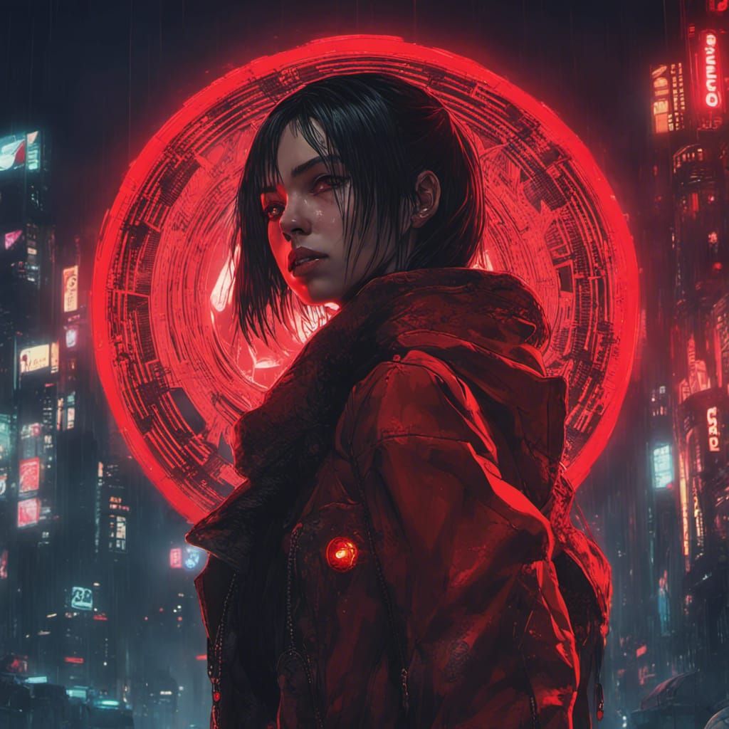 Girl in a dark city by night