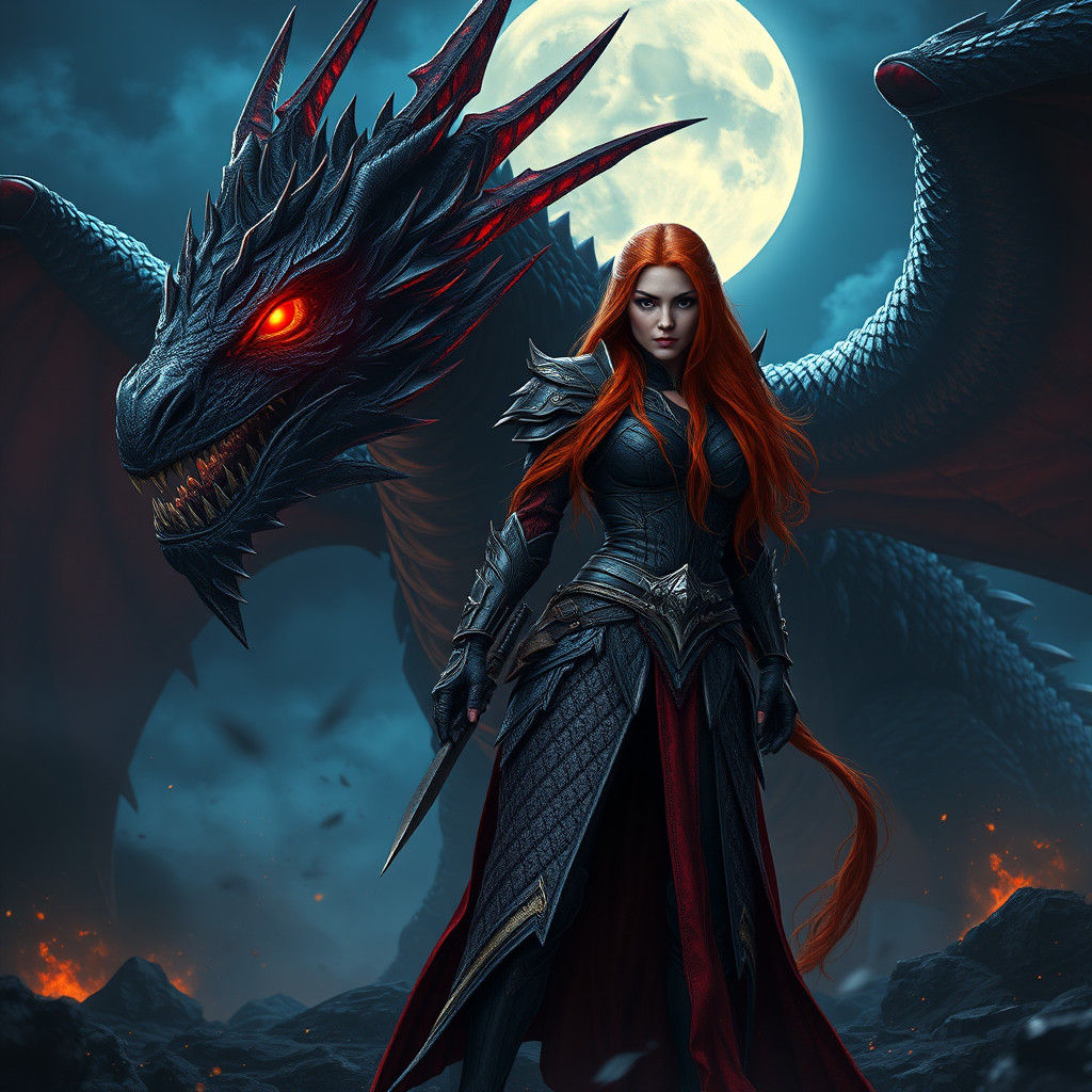 Warrior Woman and Dragon in a Night Landscape