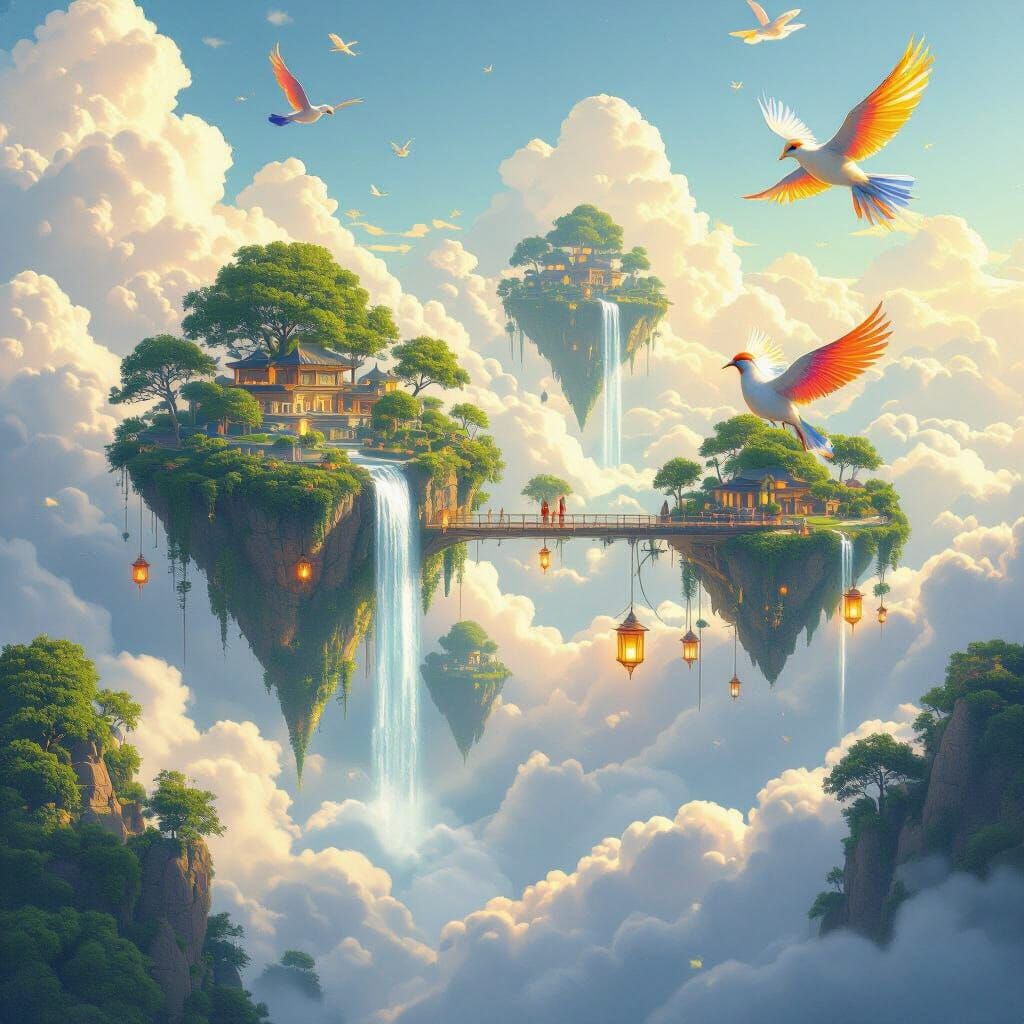 Floating Sky Islands with Crystal Bridges in Ghibli Style