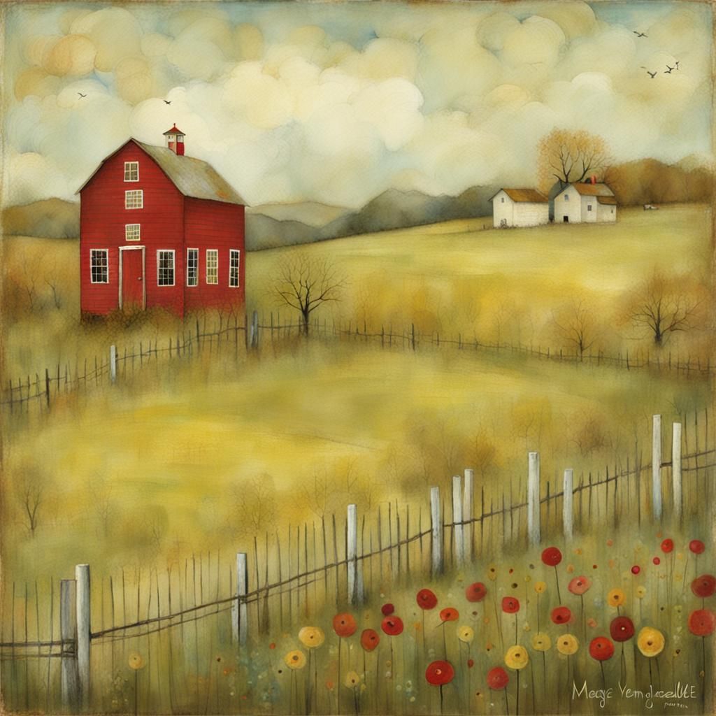 Colorful Whimsical Landscape in Folk Art Style