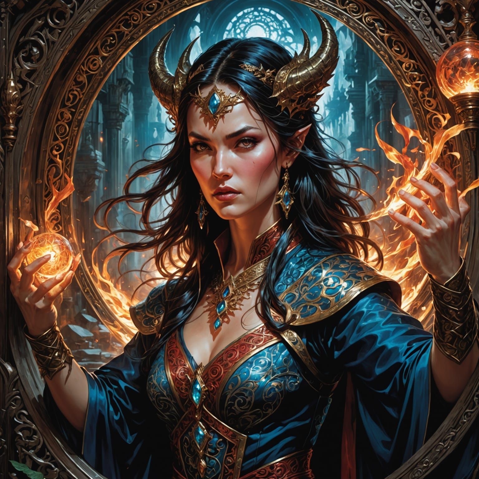 Magical Sorceress Battles Demonic Reflections in Mirrors