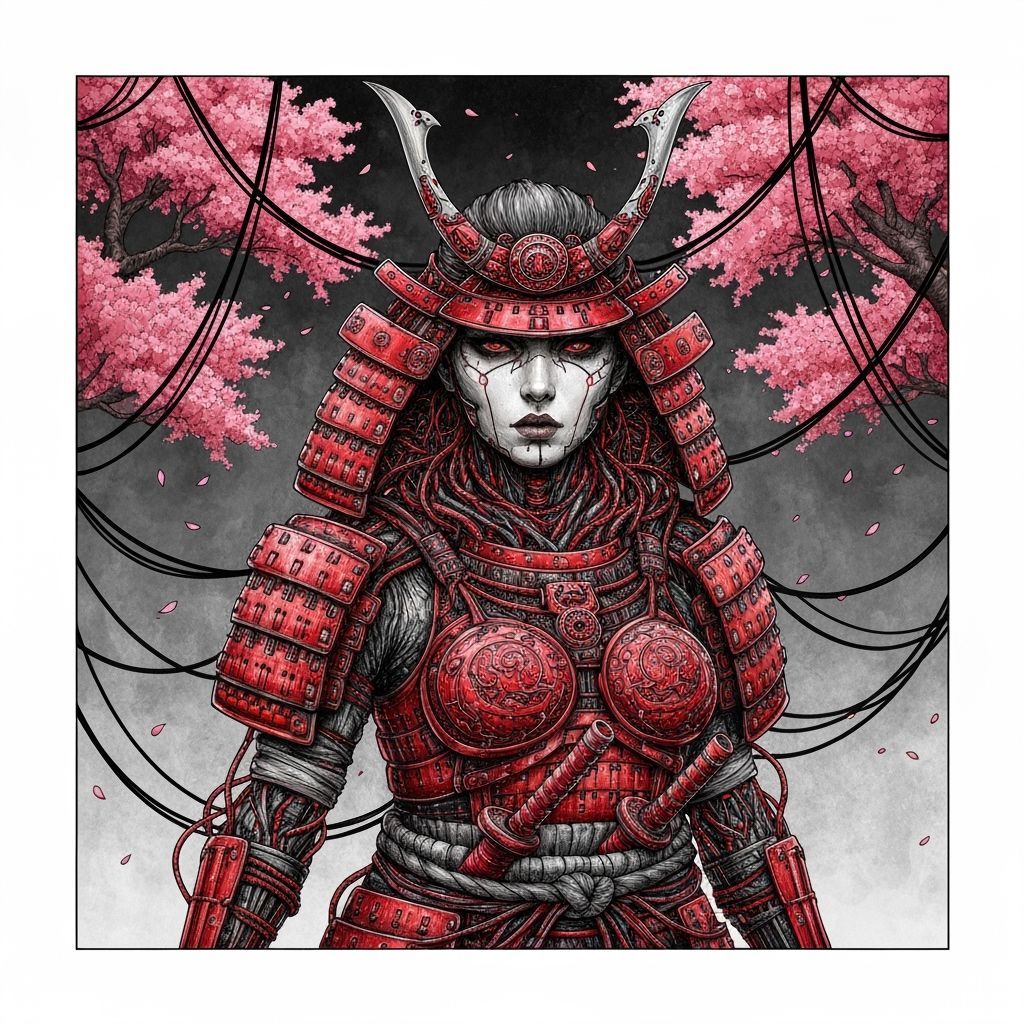 Cyberpunk Samurai in Sakura Mist, Detailed Ink Art