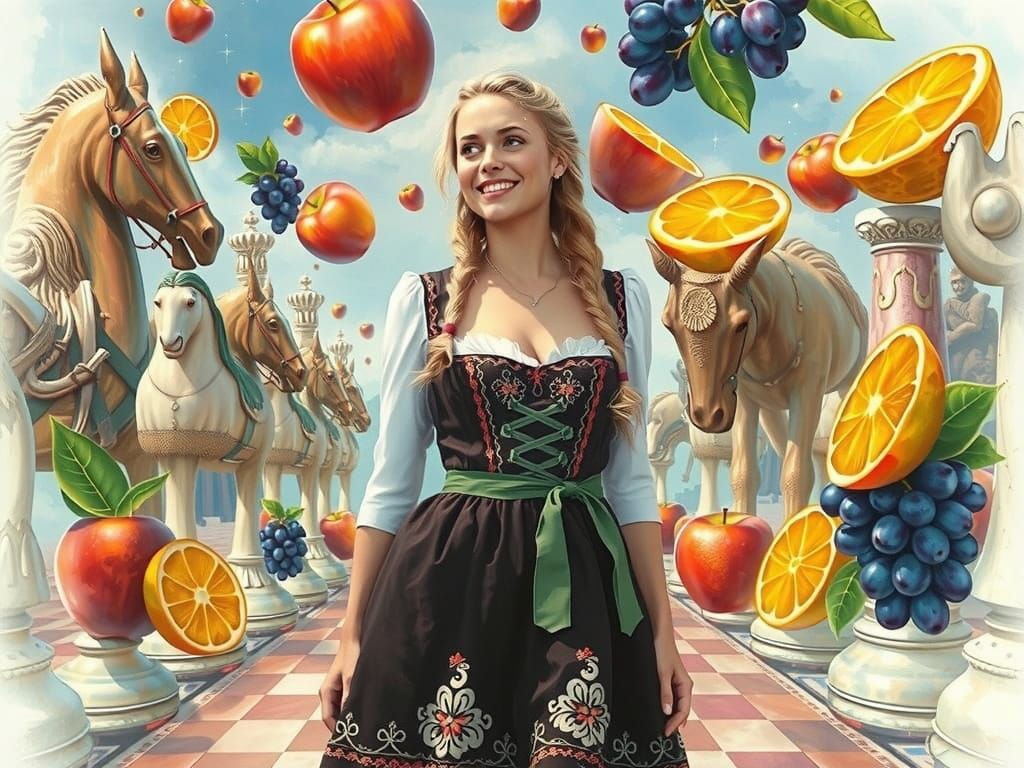 Surreal Bavarian Barmaid in Whimsical Dreamscape