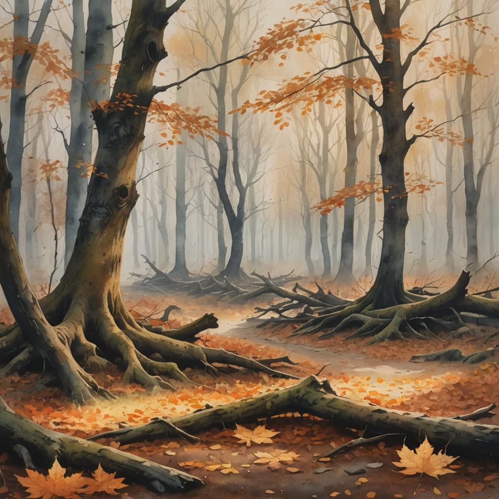 Golden Hour Forest Scene in Watercolor Style
