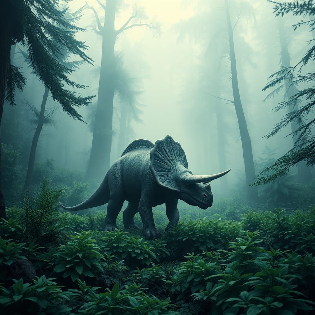Mystical Triceratops Roams Prehistoric Emerald Forest