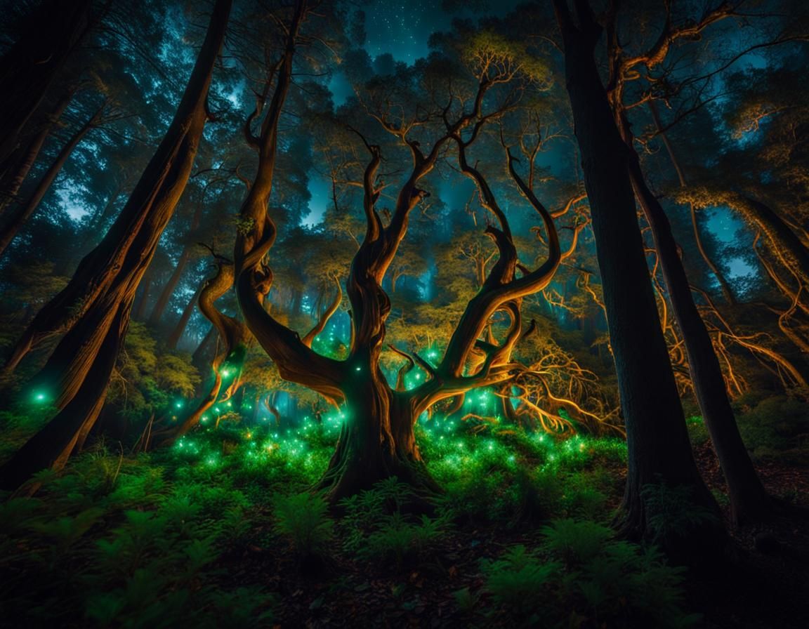 Enchanting Bioluminescent Forest at Night: Photography