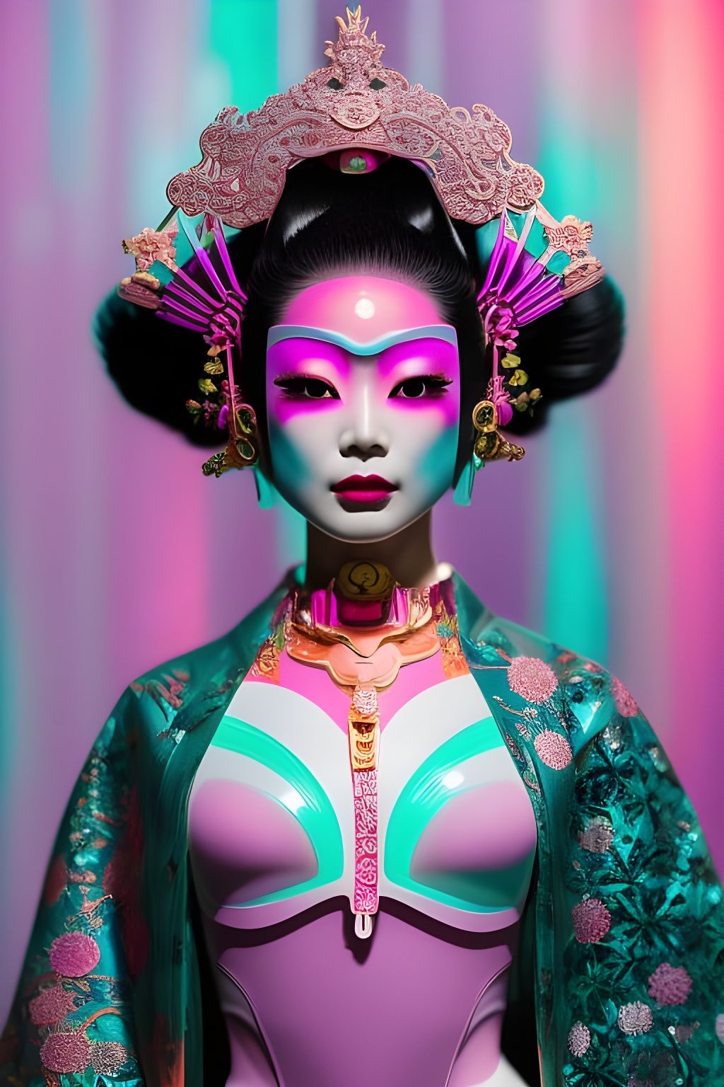 Neon Geisha with Laser Eyes in Cyberpunk Style