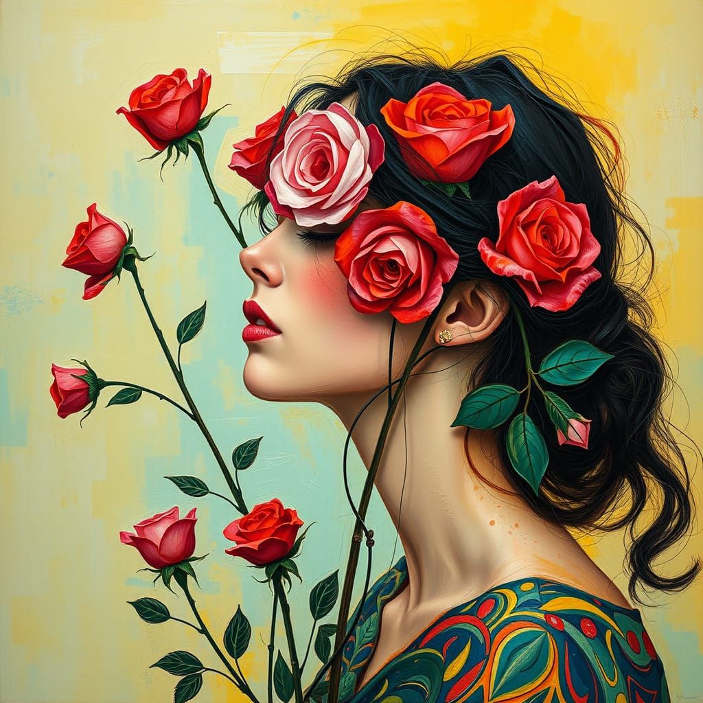 Surreal Woman in Ecstasy Amongst Vibrant Roses