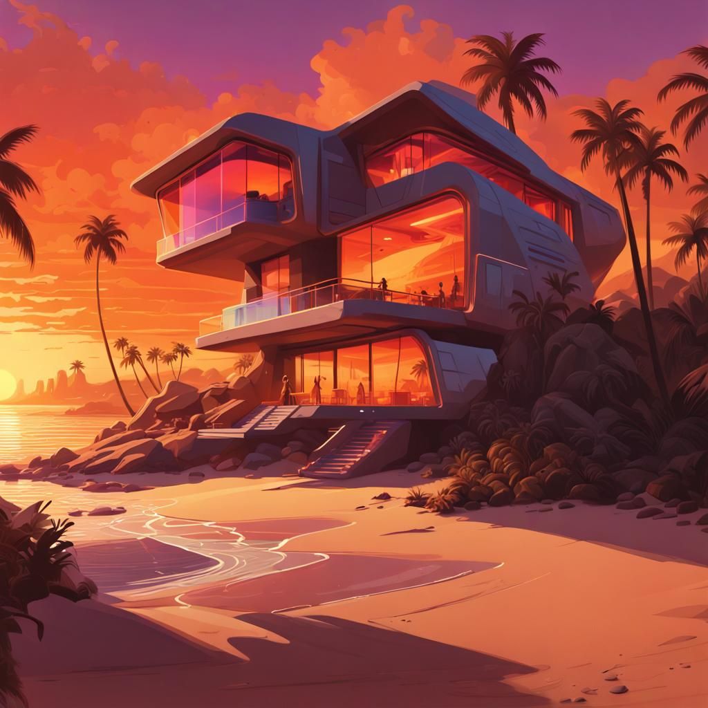 Futuristic Beach House at Sunset: Digital Concept Art