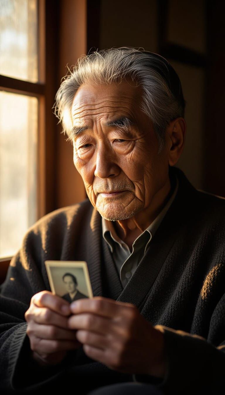 Elderly Man Reflects on Memories in Warm Sunlight
