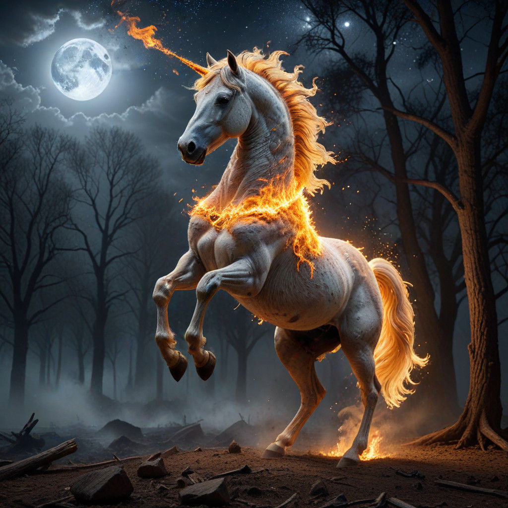 Surreal Majesty Consumed by Fierce Flames under a Celestial...