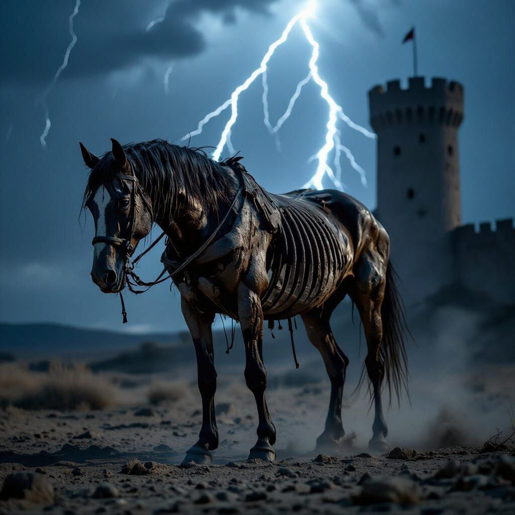 Stormy Desert Night with Warhorse Skeletons and Dark Tower