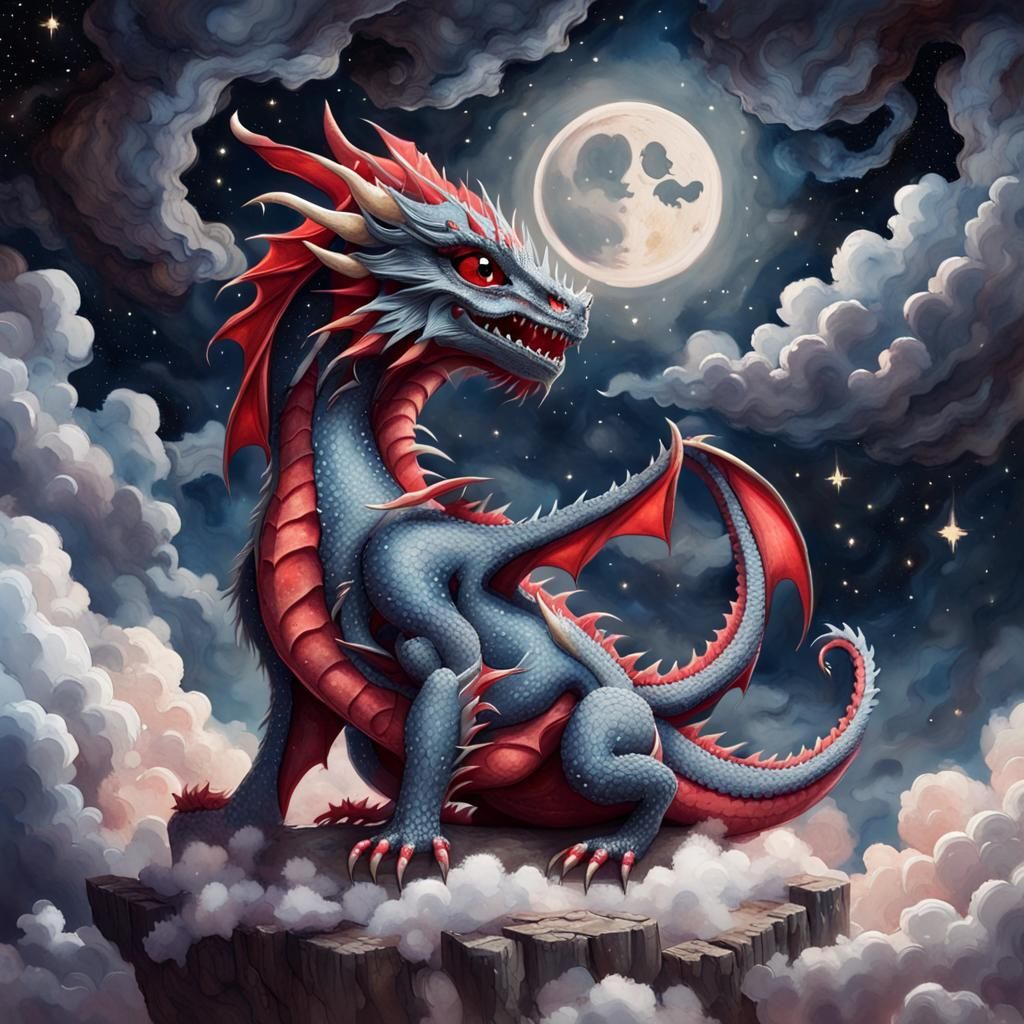 Chibi Red Dragon in Glitter Watercolor Style