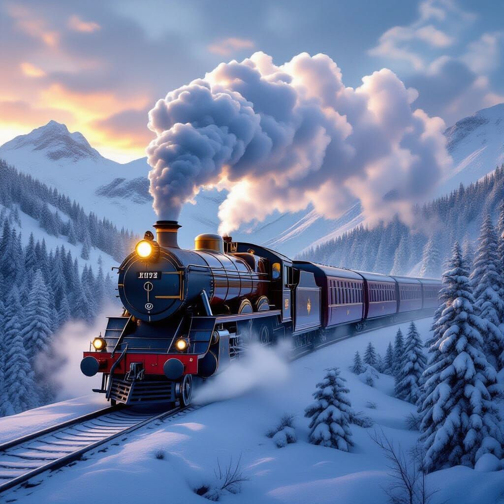 Steampunk Hogwarts Express in Snowy Mountains