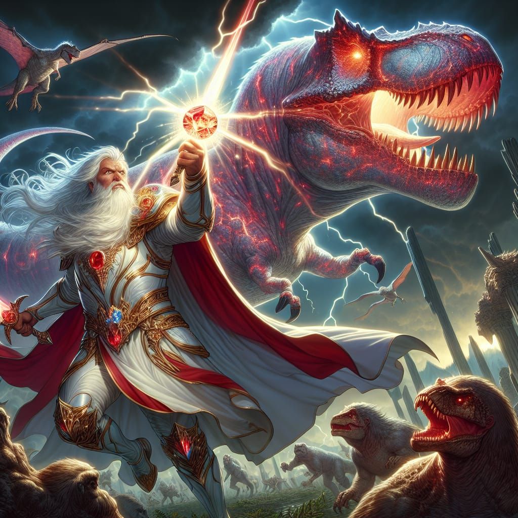 Armored T-Rex and Warrior in Epic Battle Scene