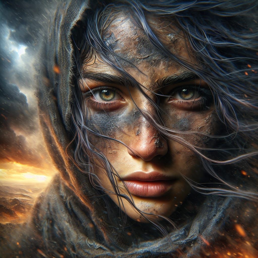 Woman Battling Storm in Photorealistic Digital Art