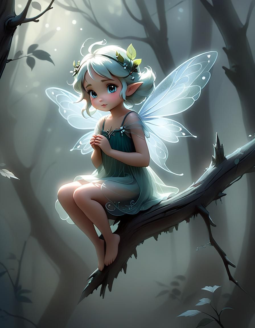 Adorable Fairy Toddler in Foggy Forest Illustration