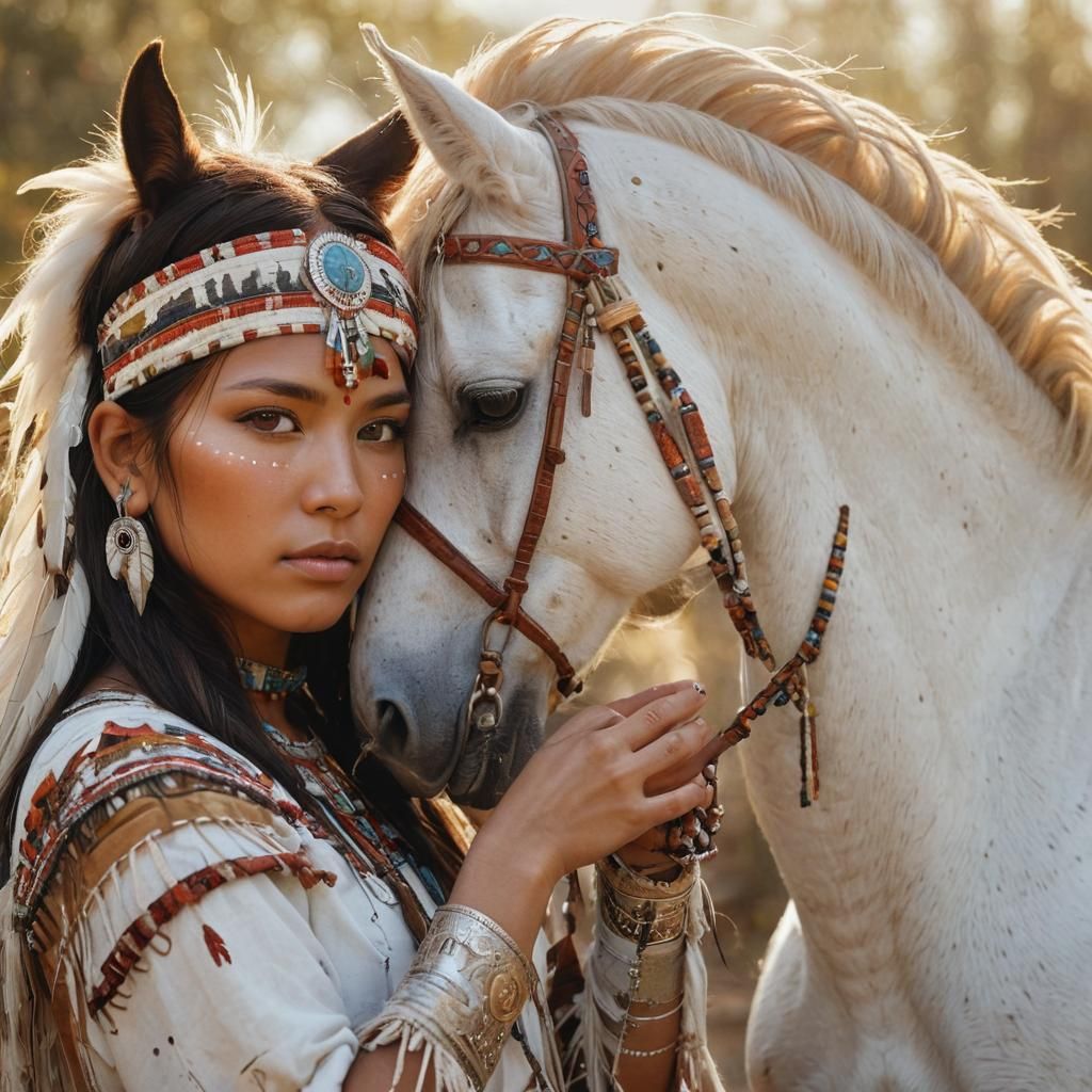Native American Woman and White Horse Portrait