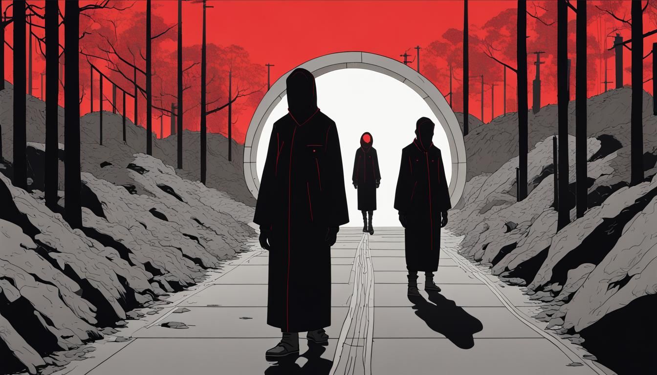 Eerie Intertwined Figures in Gritty Industrial Concept Art