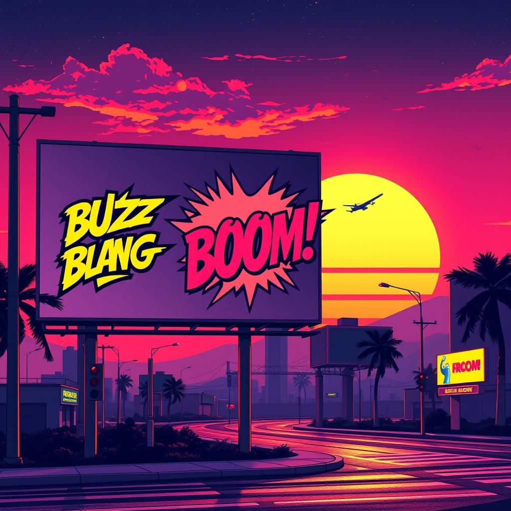 Dynamic Onomatopoeia Billboards with Synthwave Sunset