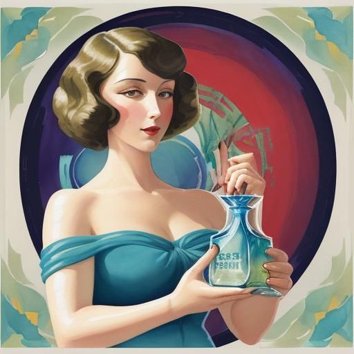 Art Deco Lady Spraying Perfume: Gouache Watercolor