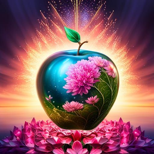 Crystal Apple with Splashing Water in Opulent Garden