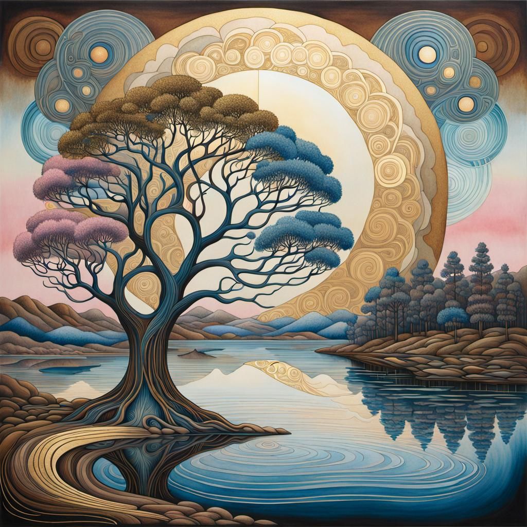 Tree at Waterside in Modern Ink Painting Style