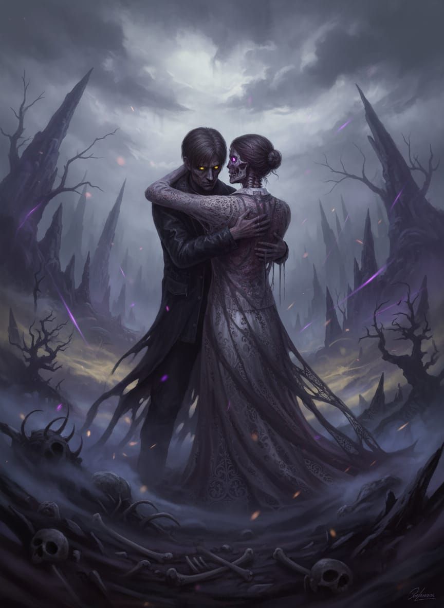 Sinister Couple in Foggy Dark World Horror Art