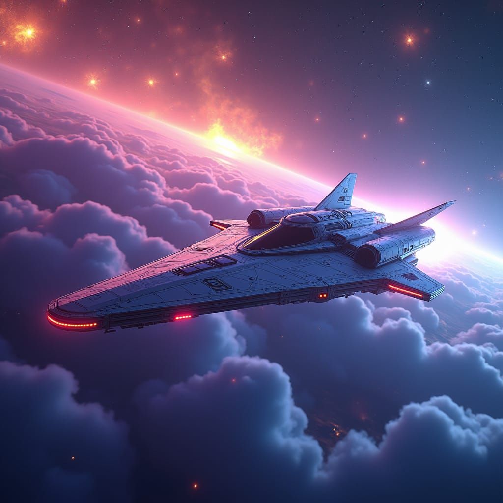 Starship Soaring Through a Neon Cosmos