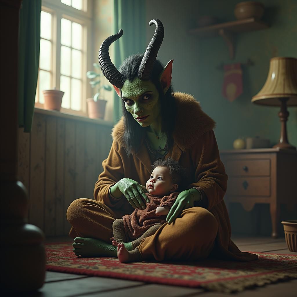 Orc Mother and Baby Playtime, Detailed Fantasy Art