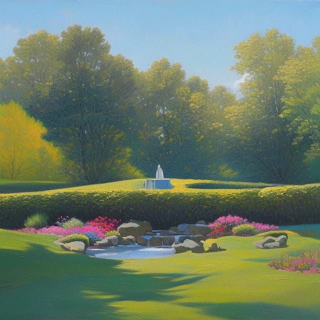 Impressionistic Garden Fountain Oil Painting
