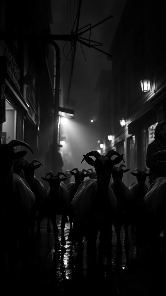 Classic Film Noir Scene with Goats in a Smoky Moroccan Marke...