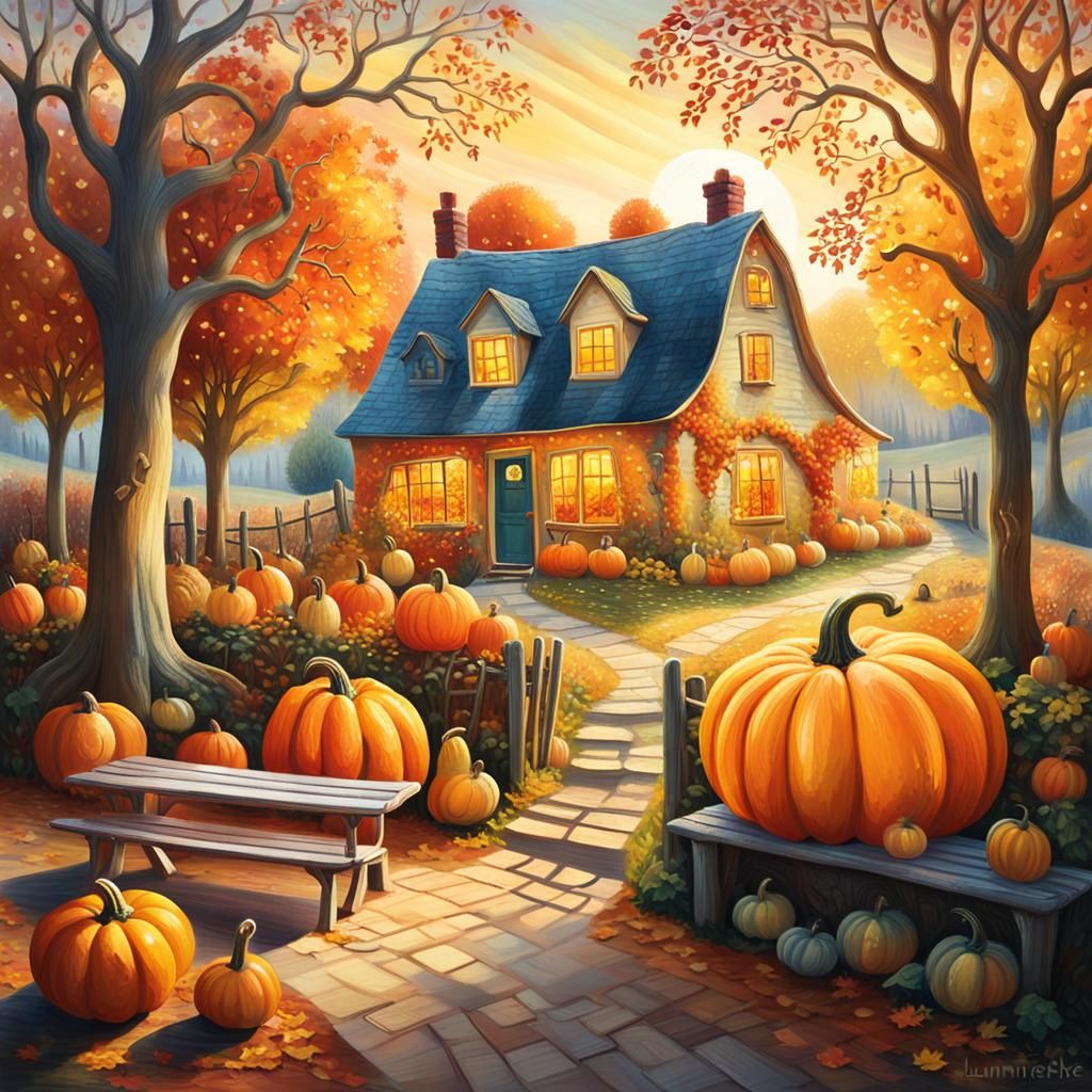 Magical Autumn Scene Inside Transparent Pumpkin