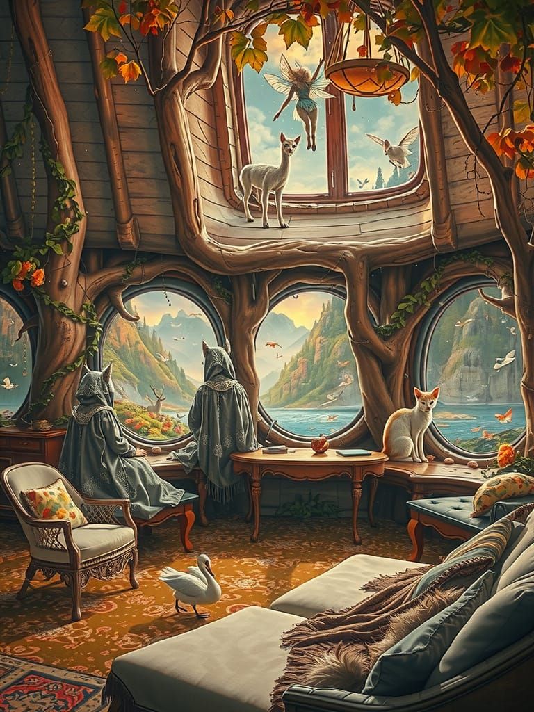 A surreal scene of two mystical fairy children sitting besid...