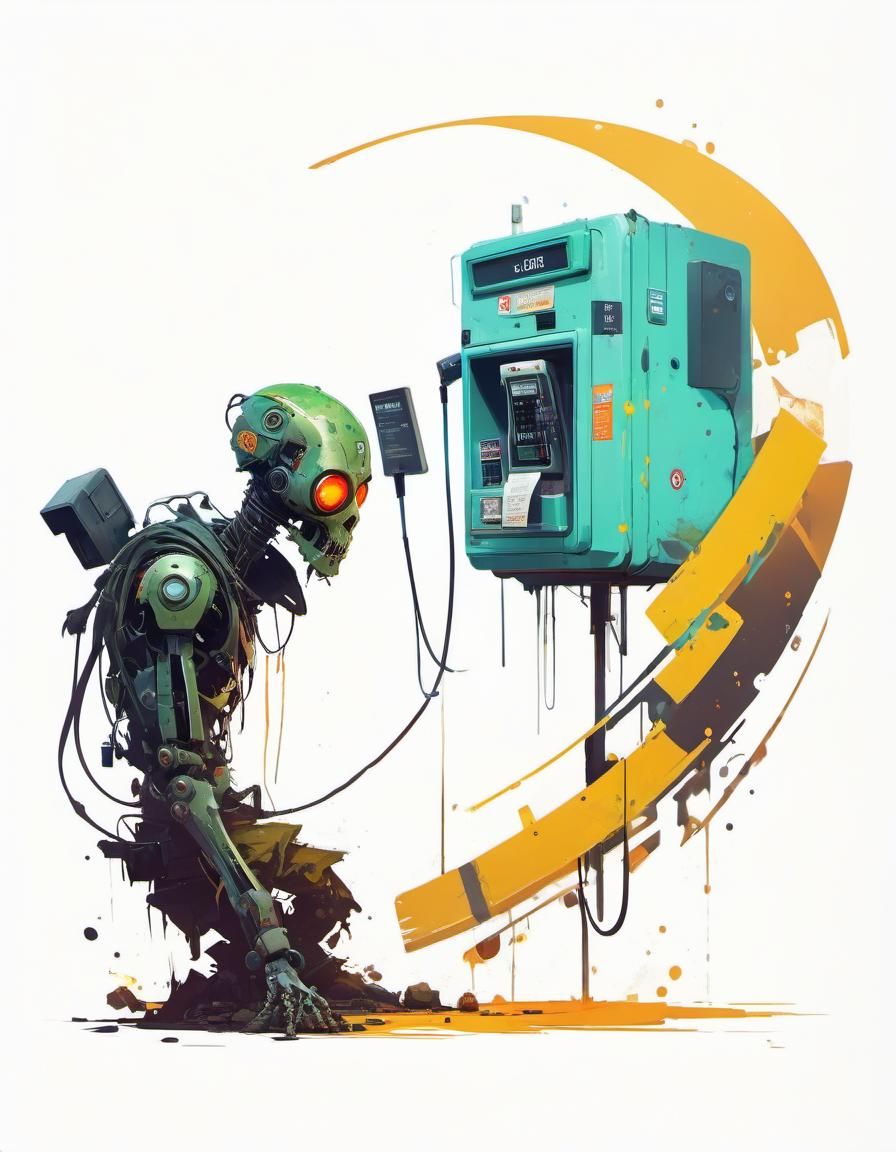 Cyberpunk Zombie Robot at Payphone Vector Art