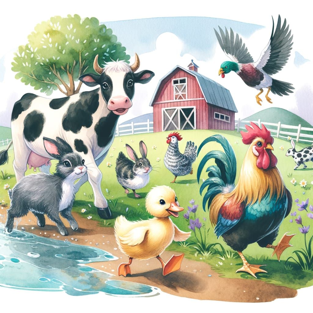 Duckling's Fairytale Chase in Soft Watercolor Style