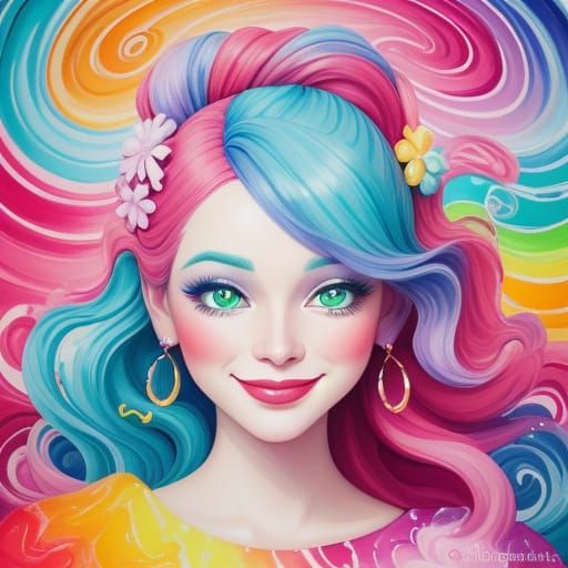 Happy Woman in Vibrant Candyland Wonderland