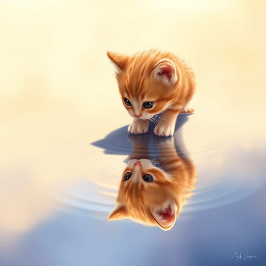 Kitten in Ethereal Water Reflection, Whimsical Digital Art