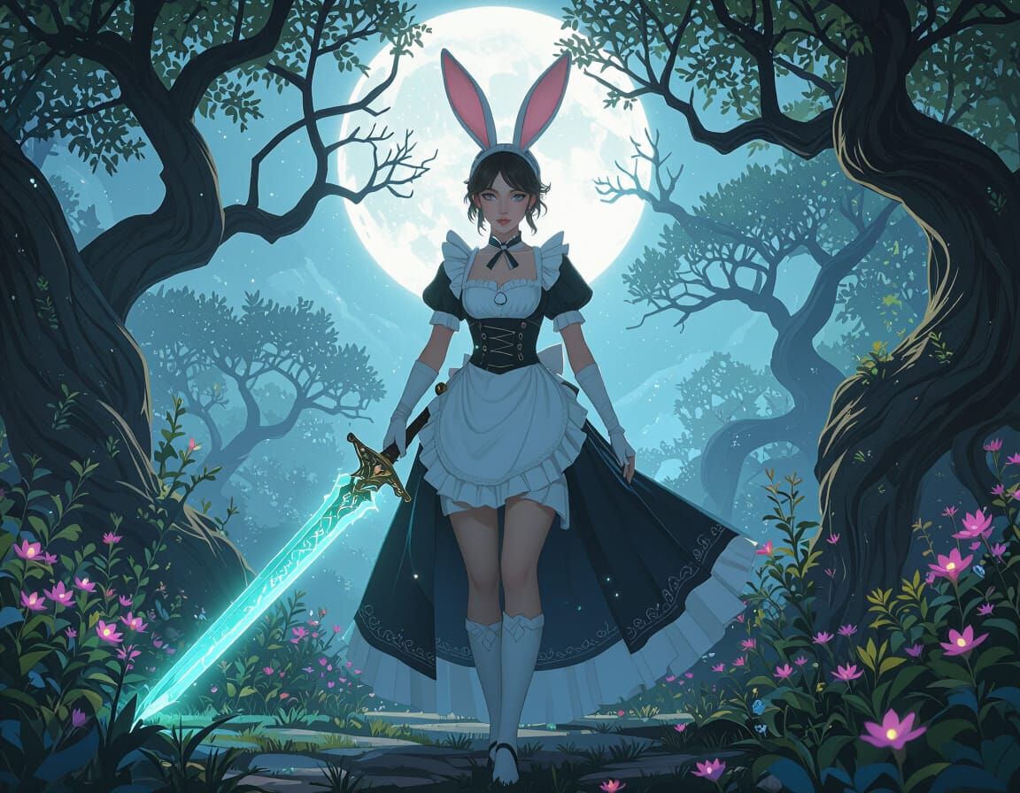 Maid with Bunny Ears and Glowing Sword in Moonlit Garden