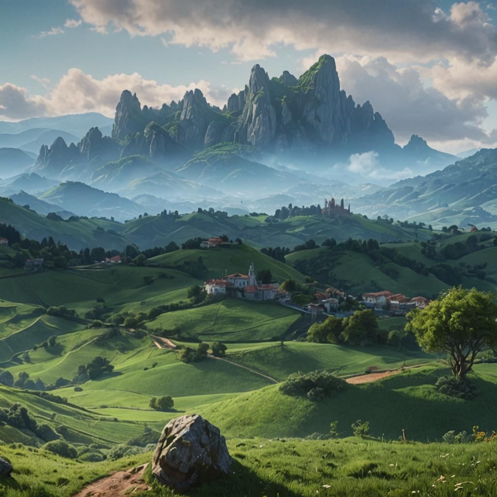 Lush Green Hills of Asturias: A Detailed Matte Painting