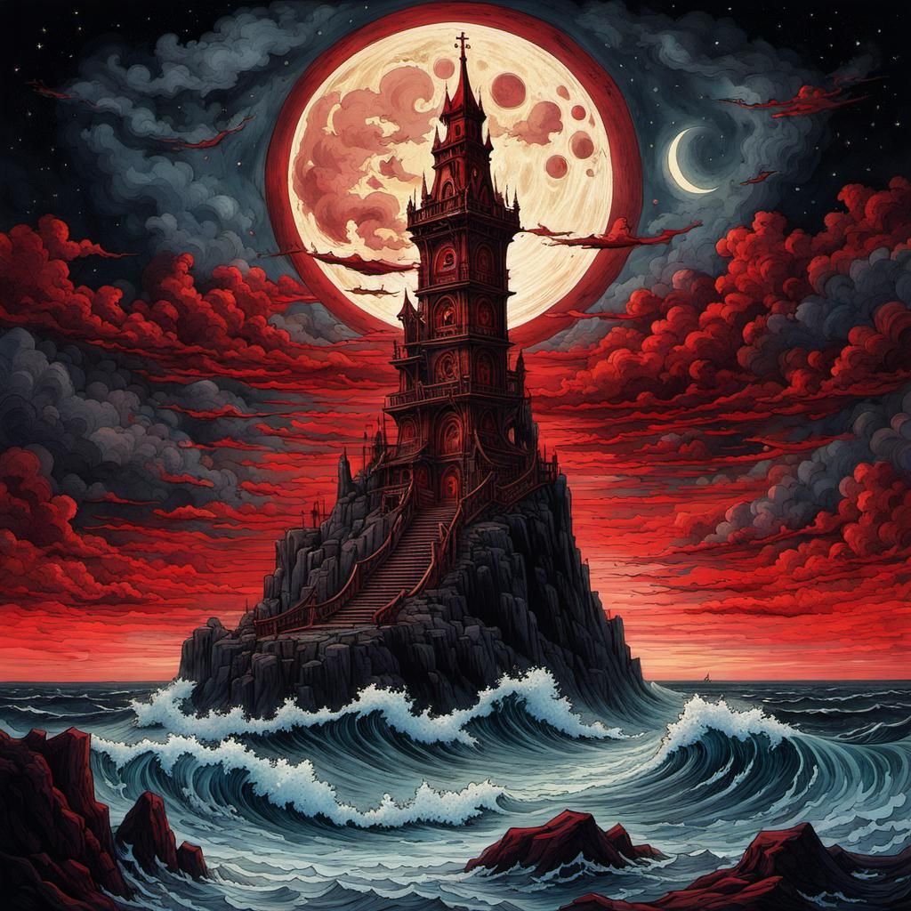 Mystic Tower: Occult Landscape in Dark Palette
