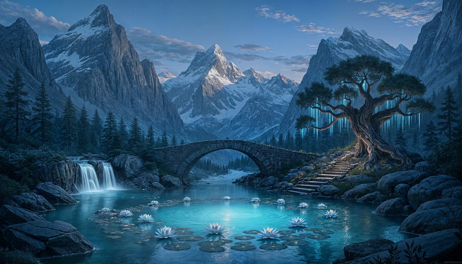 Magical Mountain Valley at Twilight with Northern Lights