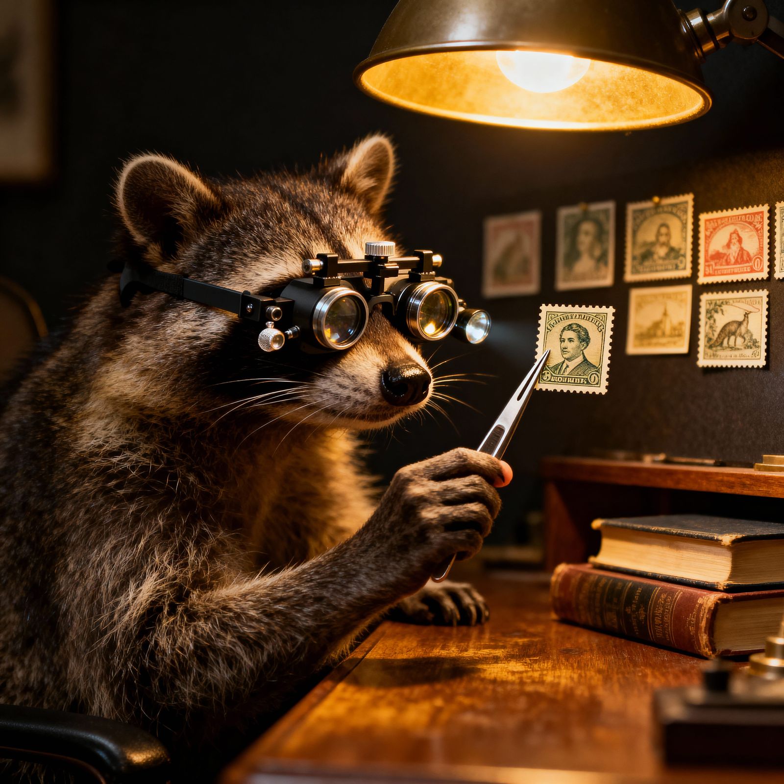 Raccoon Stamp Collector Inspecting Vintage Stamp