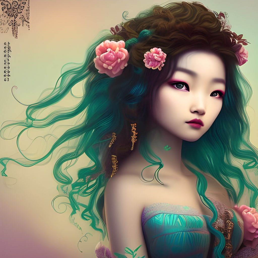 Hmong Girl with Green Hair in Art Nouveau Style