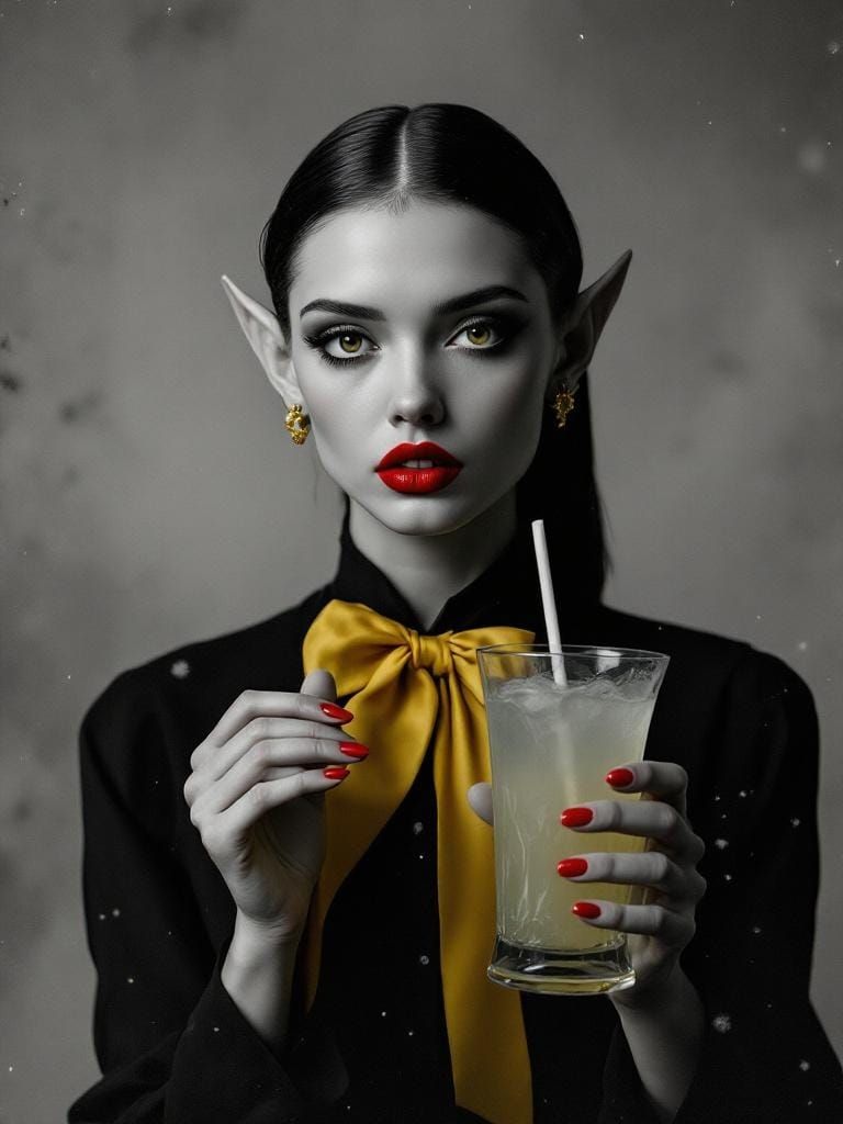 Eerie Woman with Lemonade, Surreal Monochrome Photography