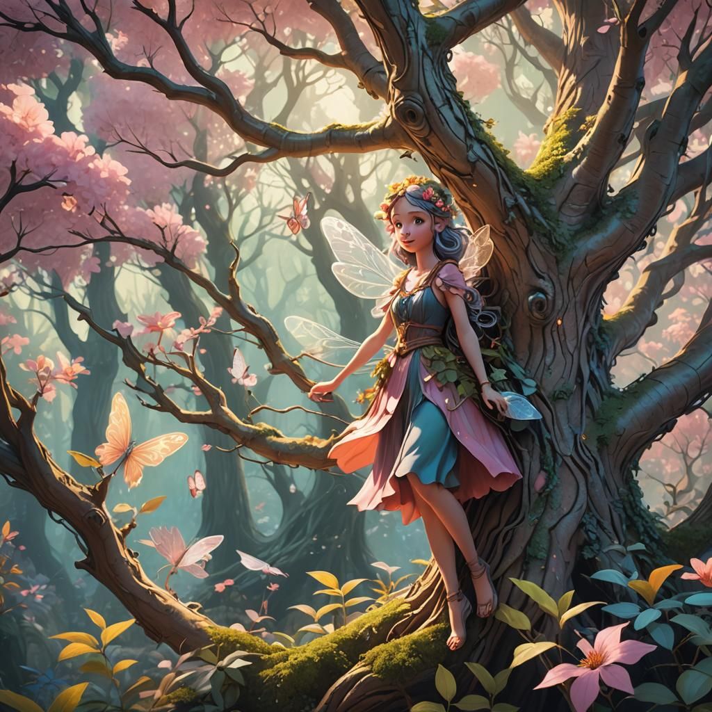 Mischievous Fairy in Enchanted Forest, Digital Matte Paintin...