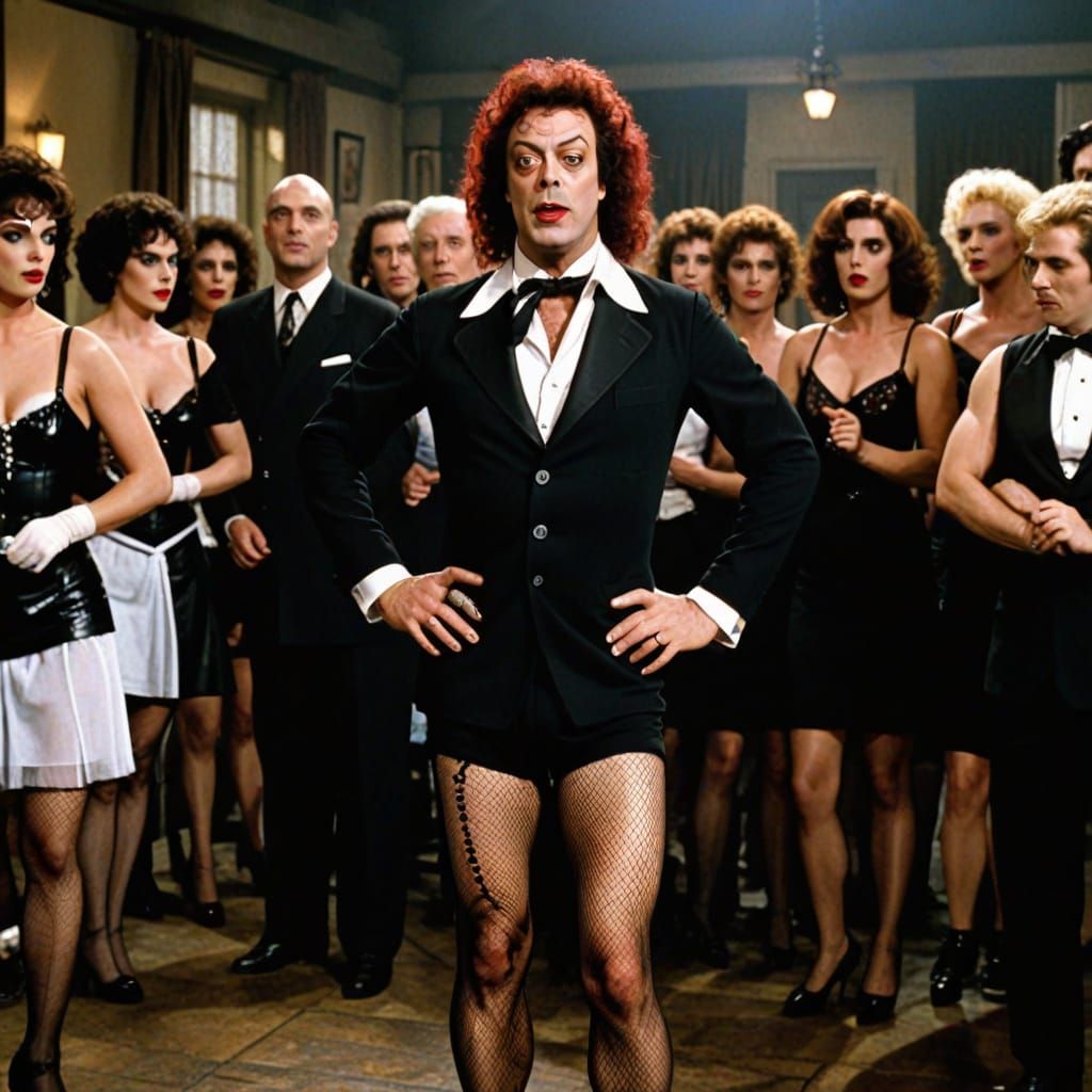 Tim Curry as Doctor Frankfurter in the Rocky Horror Picture show, wearing black Basque, Fishnet stockings and Heels