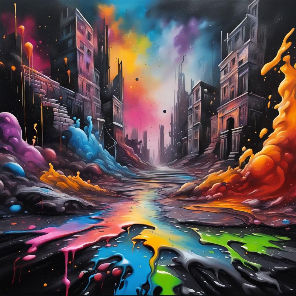 Cinematic cosmic dark graffiti art, splash art, street art, spray paint, oil gouache melting, acrylic, high contrast, co...