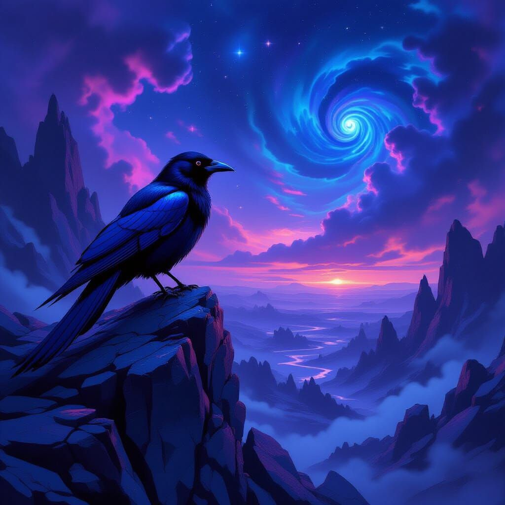Cosmic Magpie on Crystalline Rock, Dark Fantasy Art
