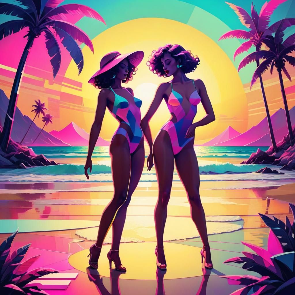 Vaporwave Paradise Beach at Golden Hour